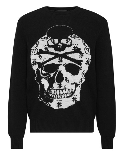 Merino wool Pullover Round Neck LS Jacquard Skull