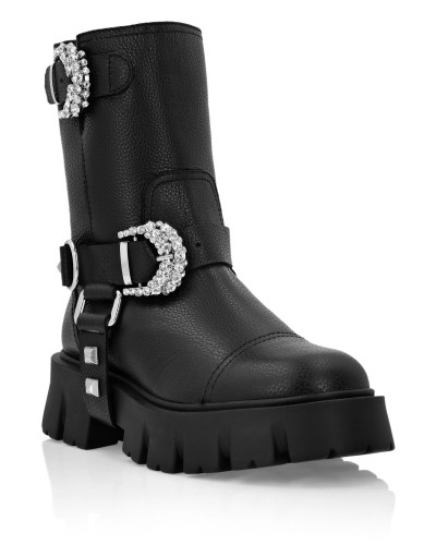 Leather Biker Boots Crystal Buckle