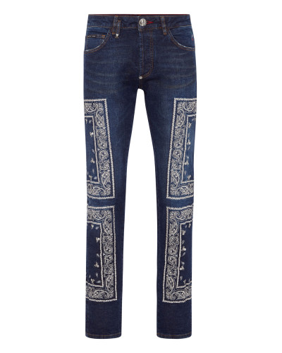 Embroidered Denim Trousers Super Straight Cut Paisley Bandana