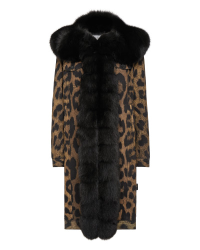 Denim Long Coat with Fur Leopard