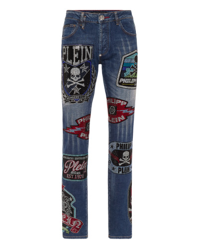 Denim Super Straight Cut Trousers With Patches Strass