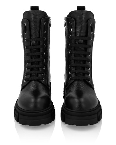 Embossed Leather Boots Mid Flat