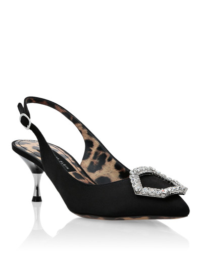 Satin Decollete Slingback Low Heels Crystal Hexagon