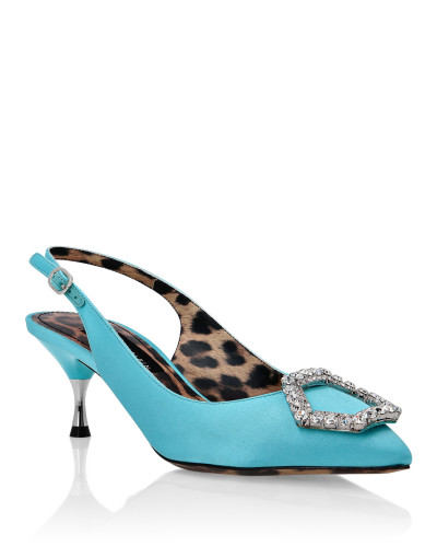 Satin Decollete Slingback Low Heels Crystal Hexagon