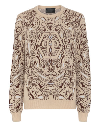 Cashmere & Silk Pullover Round Neck LS Paisley Bandana