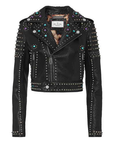 Vintage Leather Cropped Biker Jacket Studs