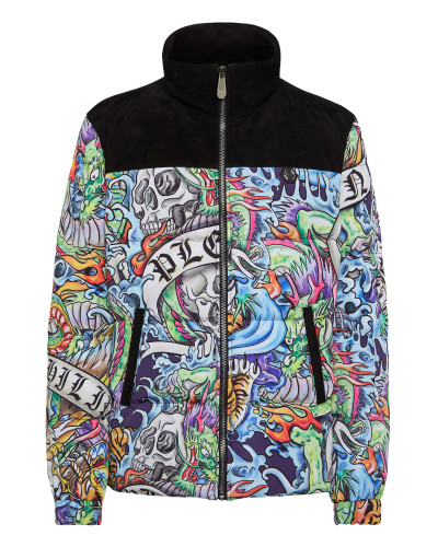 Nylon Puffer Jacket With Leather Inserts Tattoo