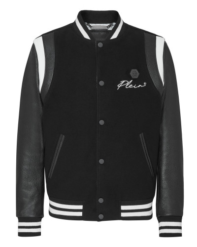 Slim Cut Wool And Leather Bomber Embroidery