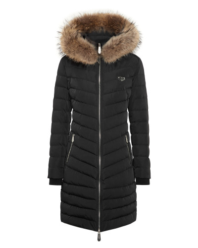 Nylon Puffer Long Down Jacket with Fur Collar