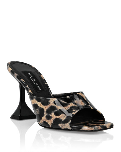 Patent Leather Sandals Mid Heels Leopard