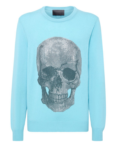 Cashmere Pullover Round Neck LS Iconic Plein with Crystals