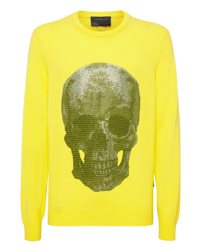 Cashmere Pullover Round Neck LS Iconic Plein with Crystals