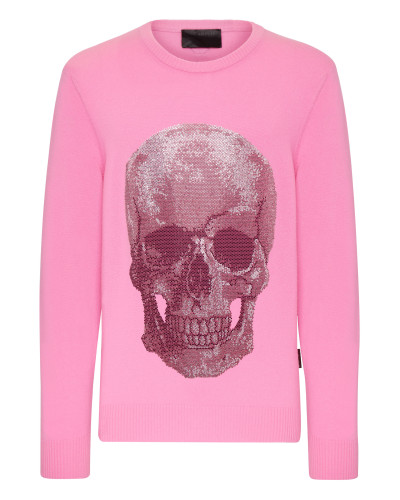 Cashmere Pullover Round Neck LS Iconic Plein with Crystals