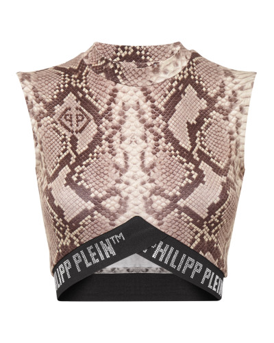 V Cut Crop Top Python Print Crystal Plein with Swarovski
