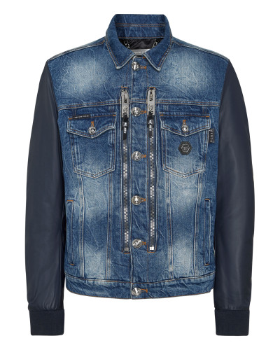 Denim Regular Jacket with Nylon Sleeves Hexagon