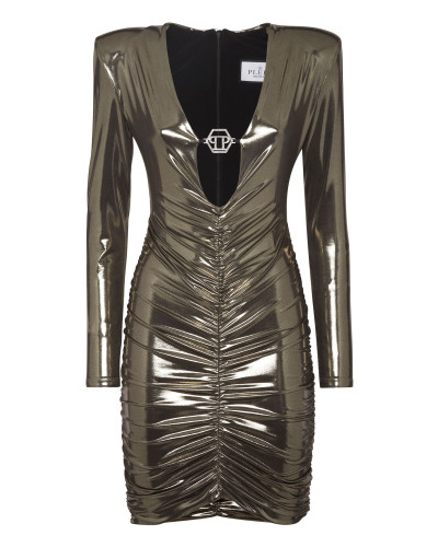 Lamé Fabric Padded Shoulder Mini Dress LS