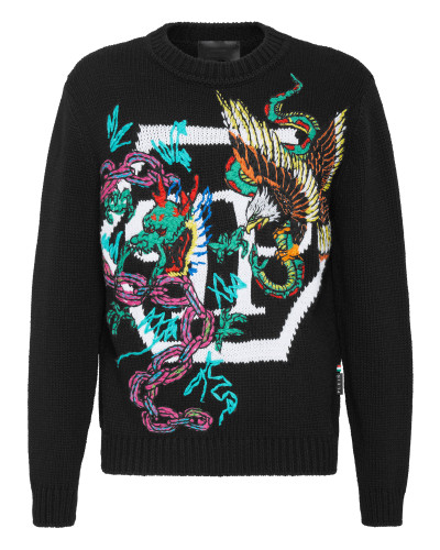 Wool Cotton Pullover Round Neck LS Tattoo Patches