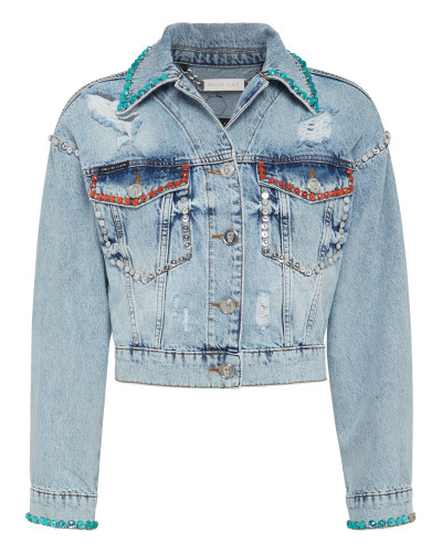 Denim Jacket Cropped Destroyed with Crystals