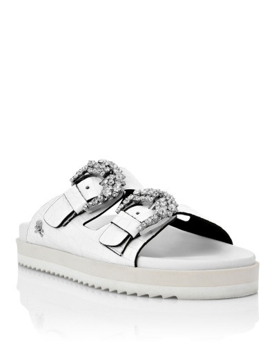 Leather Sandals Crocco Print Skull