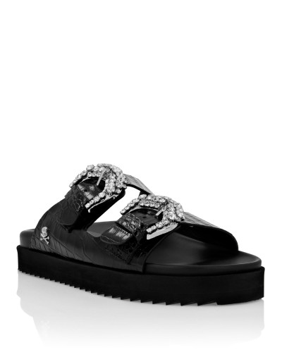Leather Sandals Crocco Print Skull