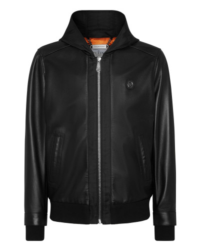 Leather Hooded Bomber with Satin Inserts