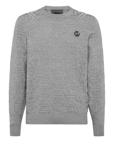 Jacquard Silk Wool Pullover Round Neck LS Monogram