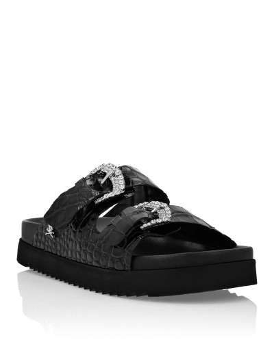 Croco Printed Leather Sandals Flat Crystal
