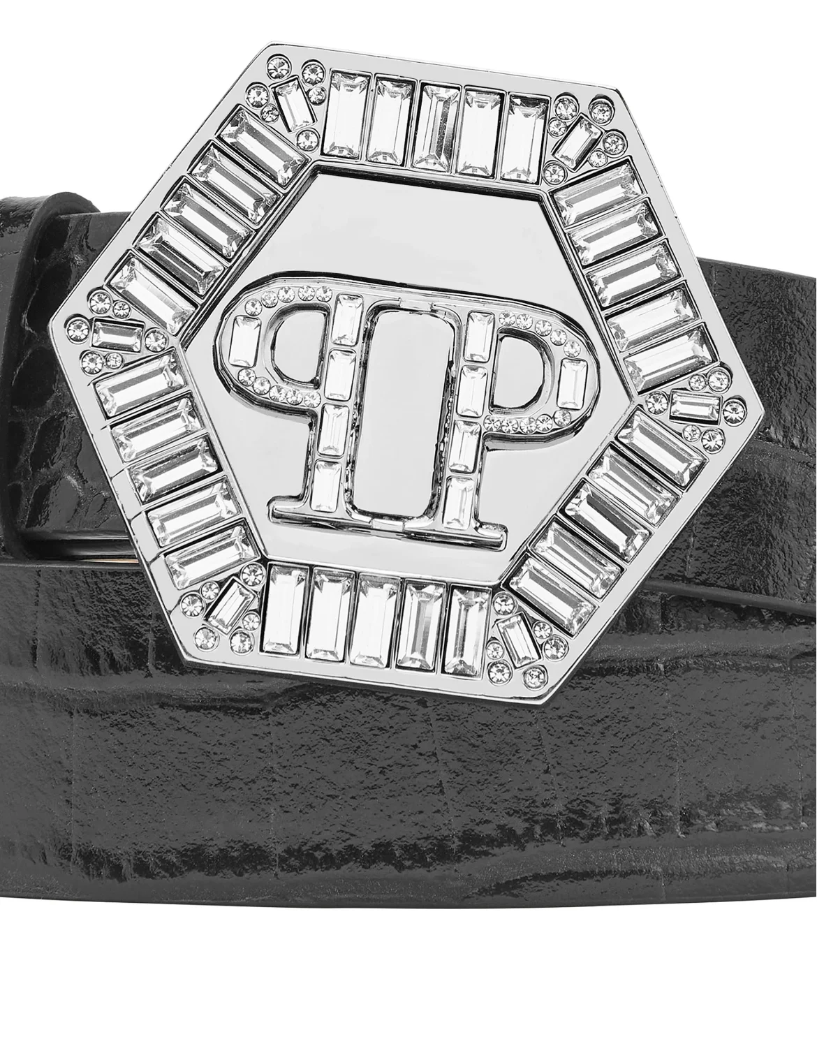 Leather Belt Crocco Print Iconic Plein, цвет: Черный