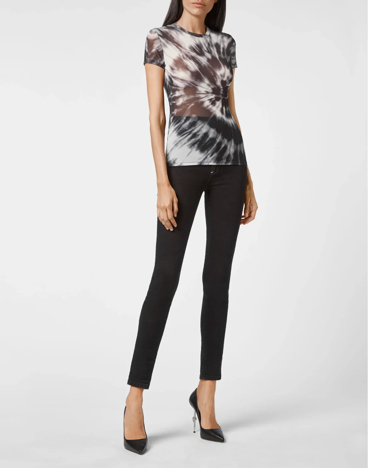 T-Shirt Round Neck SS Stretch Tulle Tie dye, цвет: Черный