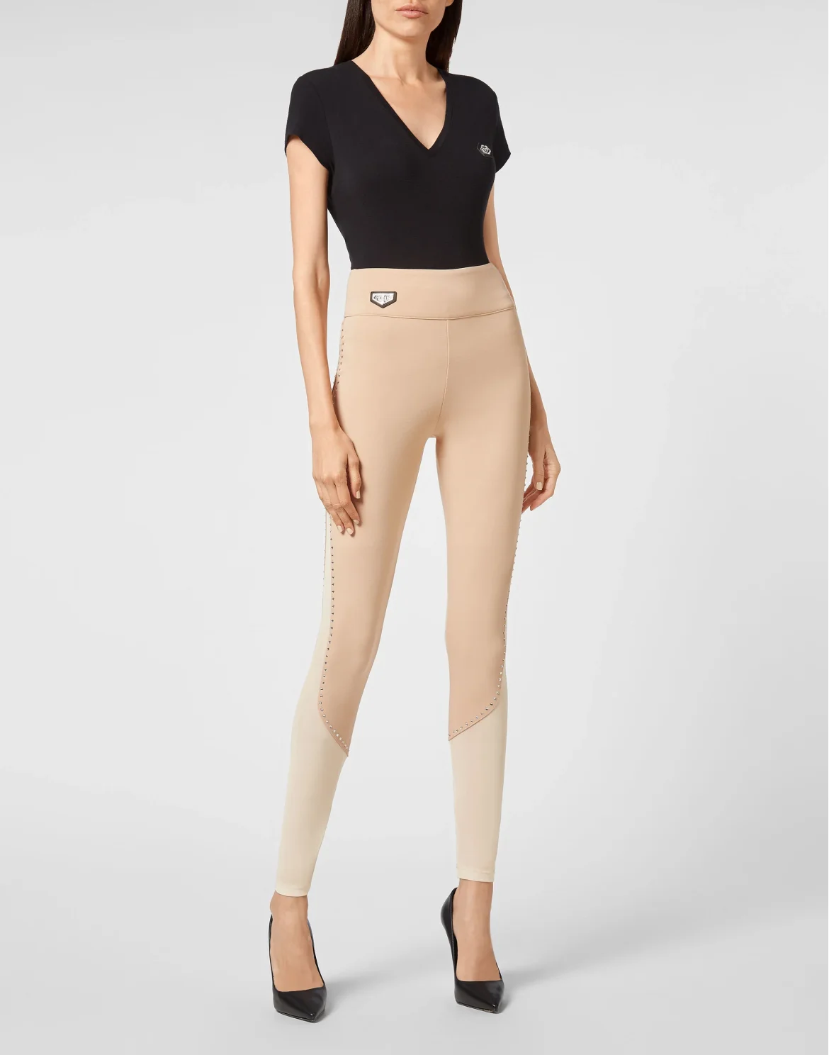 Super High Waist Leggings Studs Iconic Plein, цвет: Бежевый