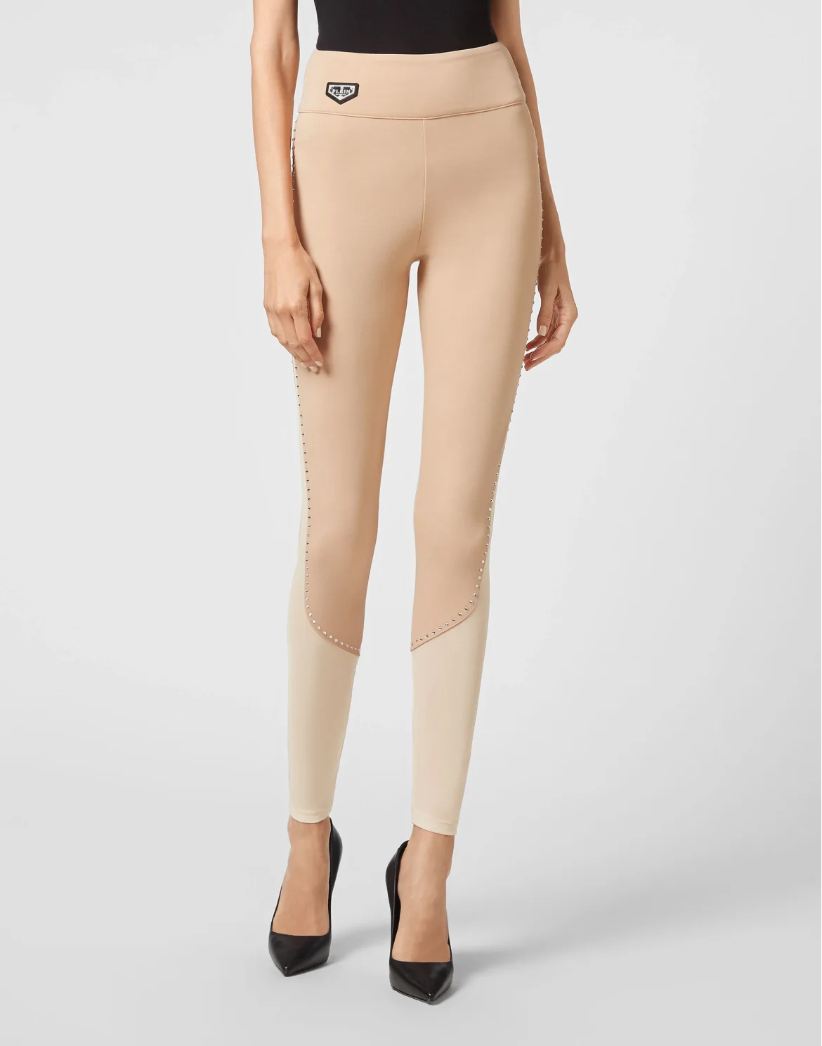 Super High Waist Leggings Studs Iconic Plein, цвет: Бежевый