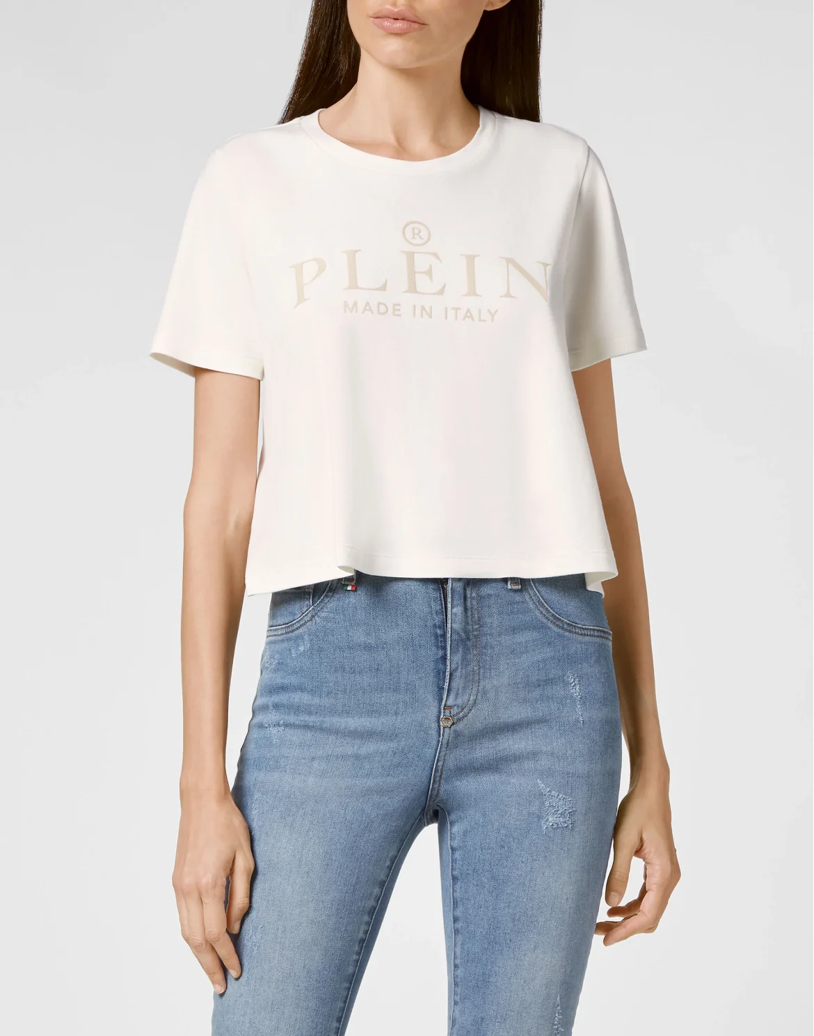 T-shirt Round Neck SS Crop Iconic Plein, цвет: Бежевый