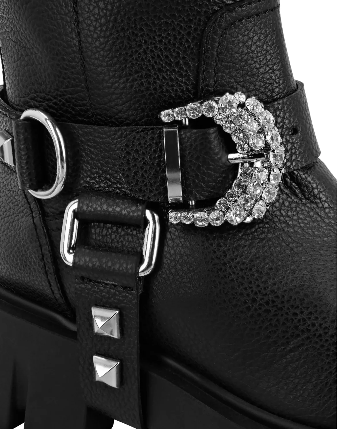 Leather Biker Boots Crystal Buckle, цвет: Черный