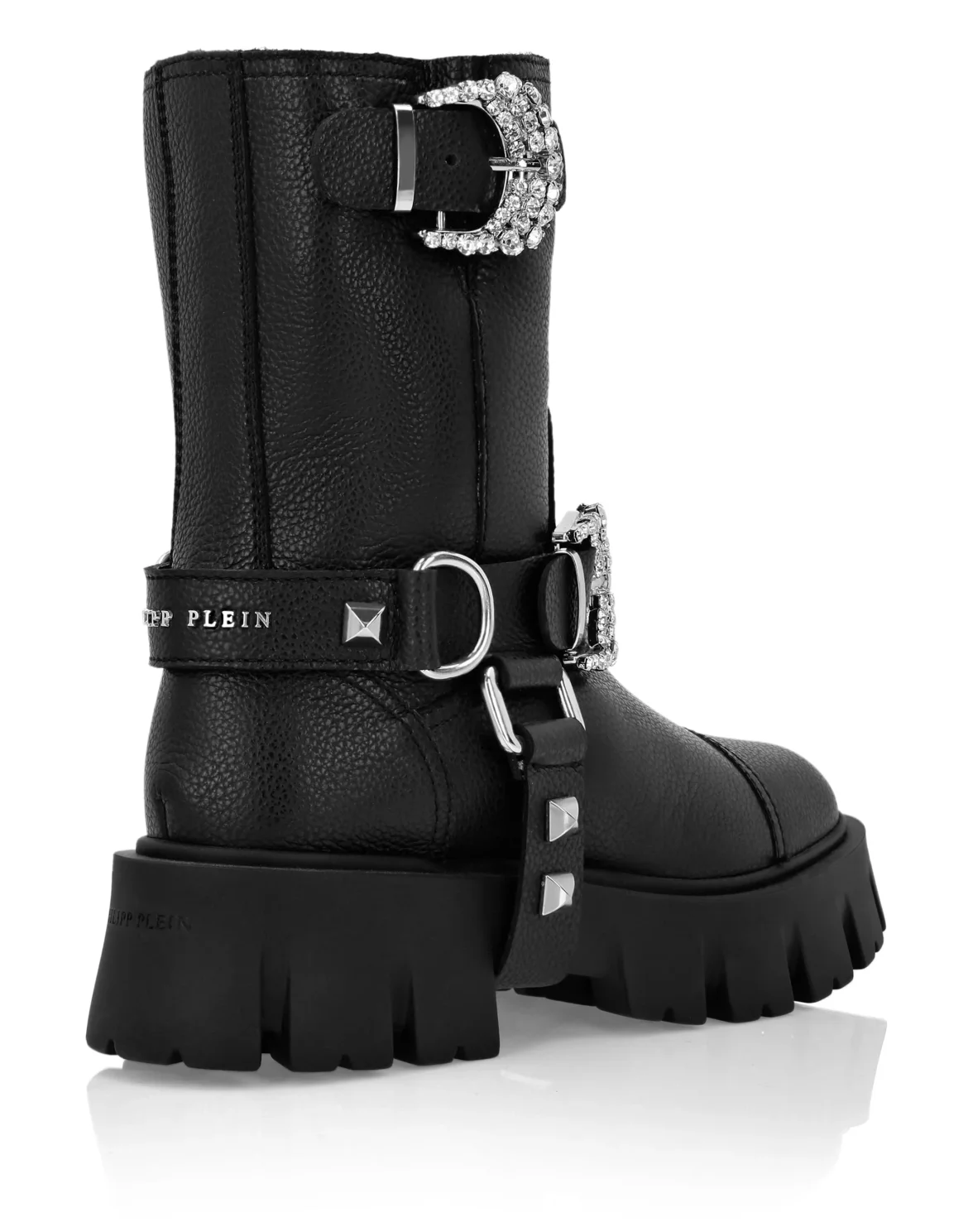 Leather Biker Boots Crystal Buckle, цвет: Черный