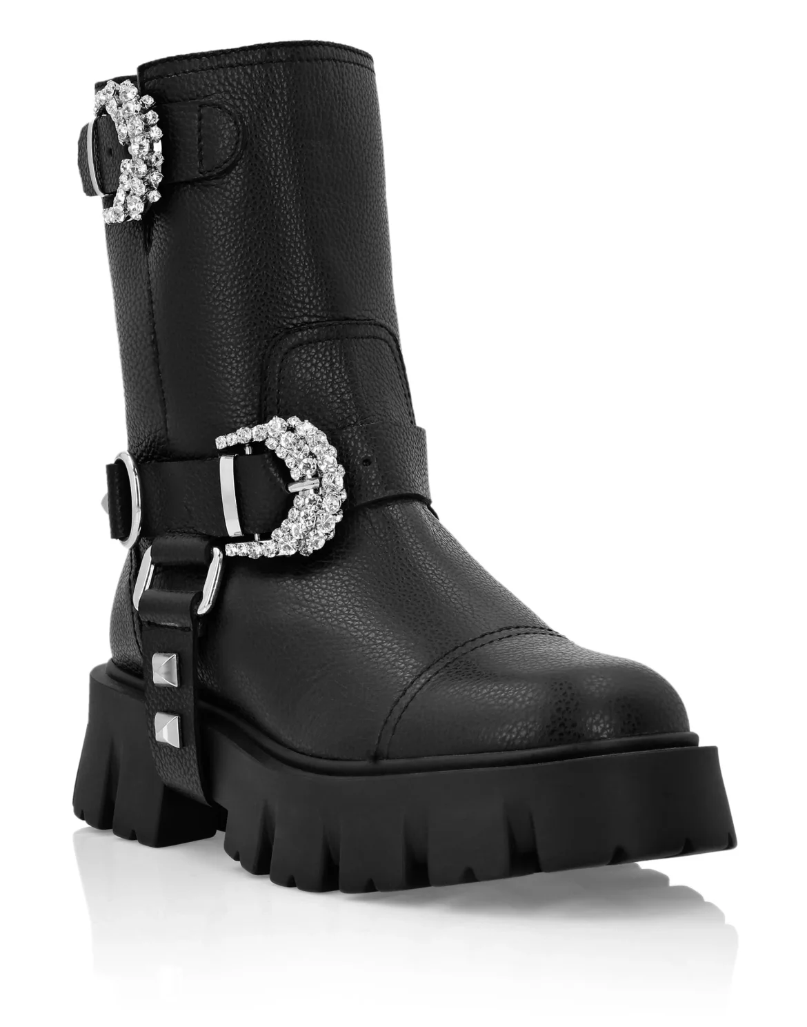 Leather Biker Boots Crystal Buckle, цвет: Черный