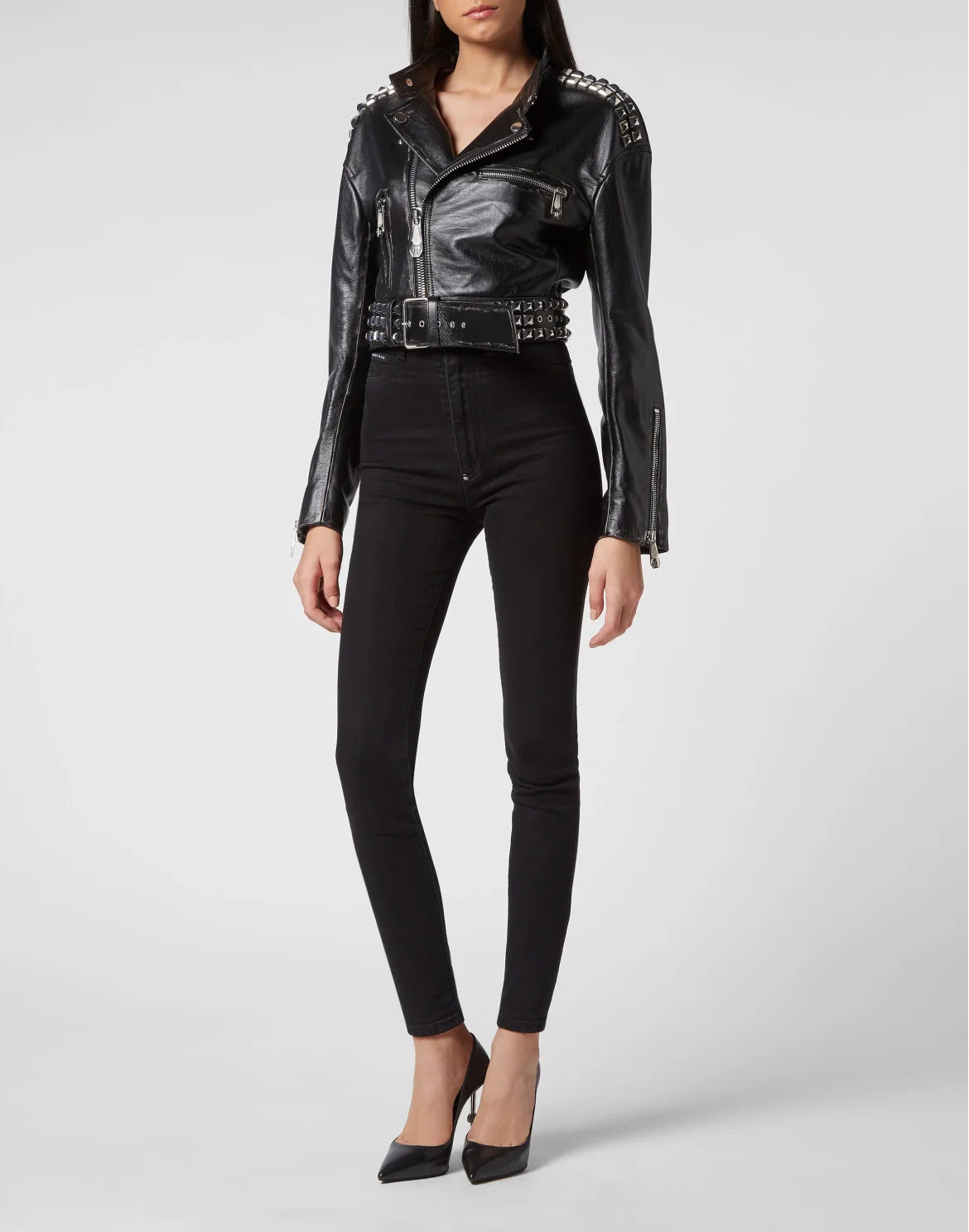 Crop Leather Jacket Studs, цвет: Черный