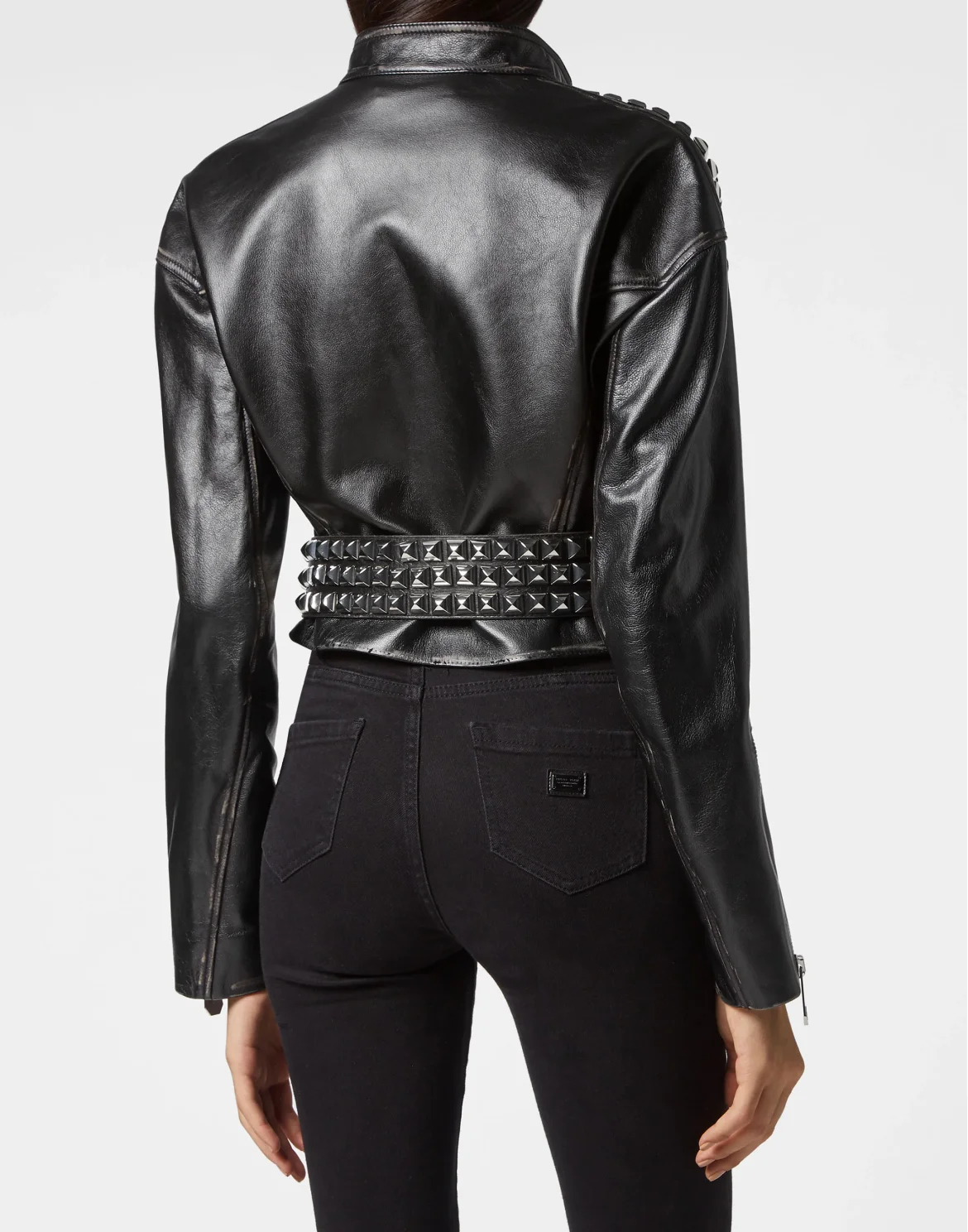 Crop Leather Jacket Studs, цвет: Черный