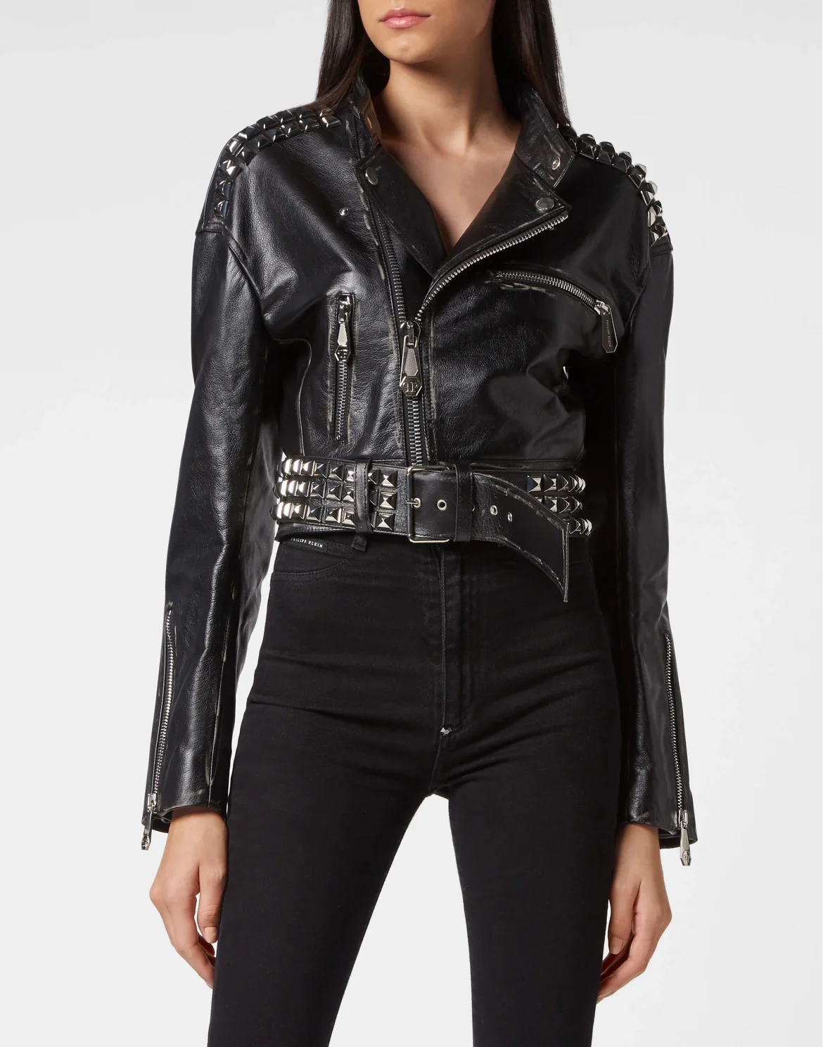 Crop Leather Jacket Studs, цвет: Черный