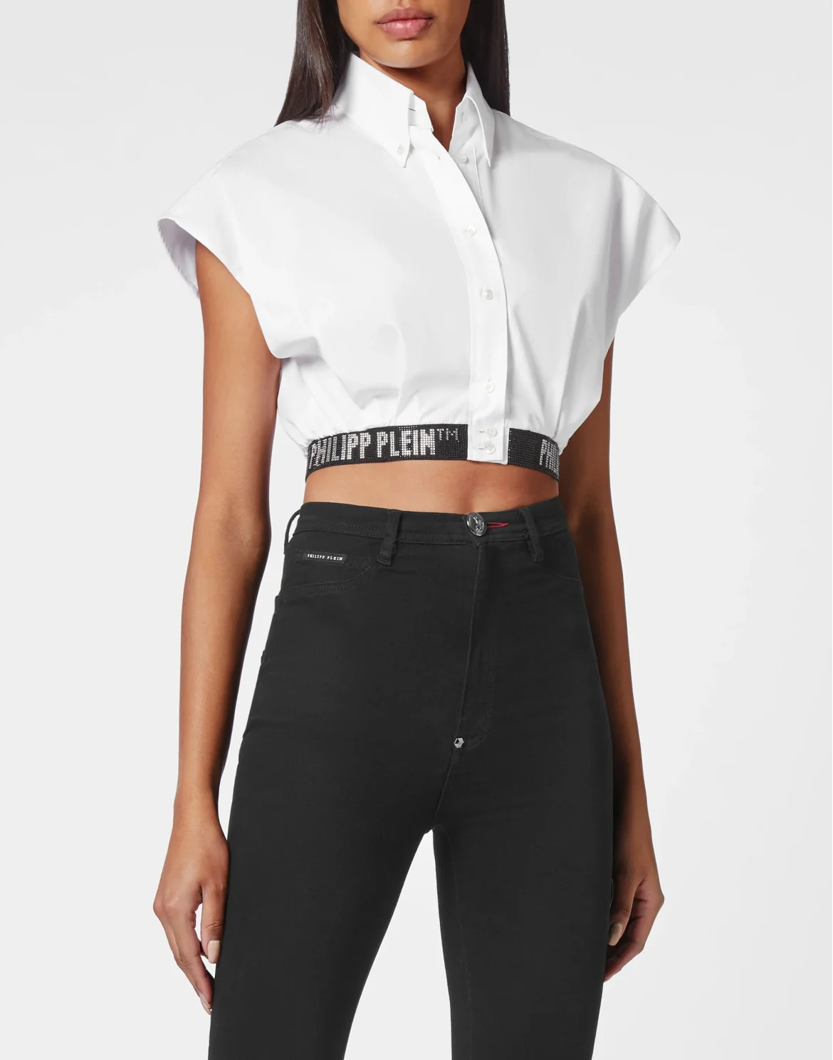 Crop Sleeveless Shirt with Crystals, цвет: Белый