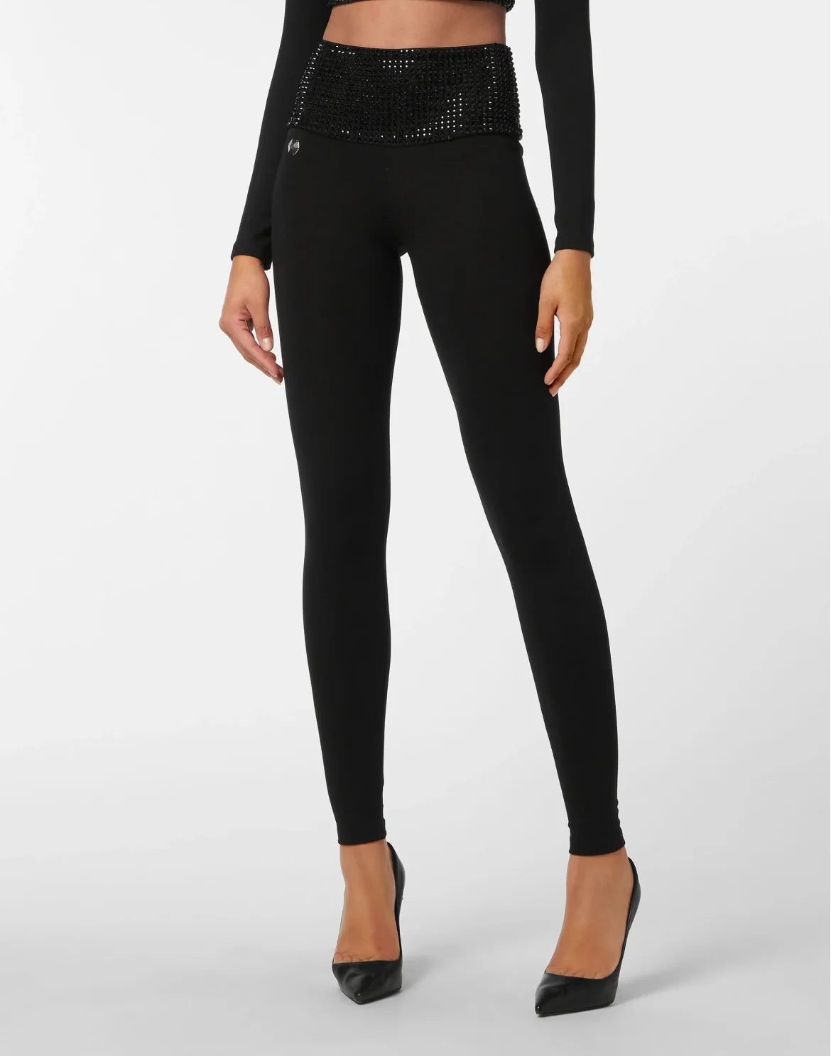 High Waist Leggings  with Crystals, цвет: Черный