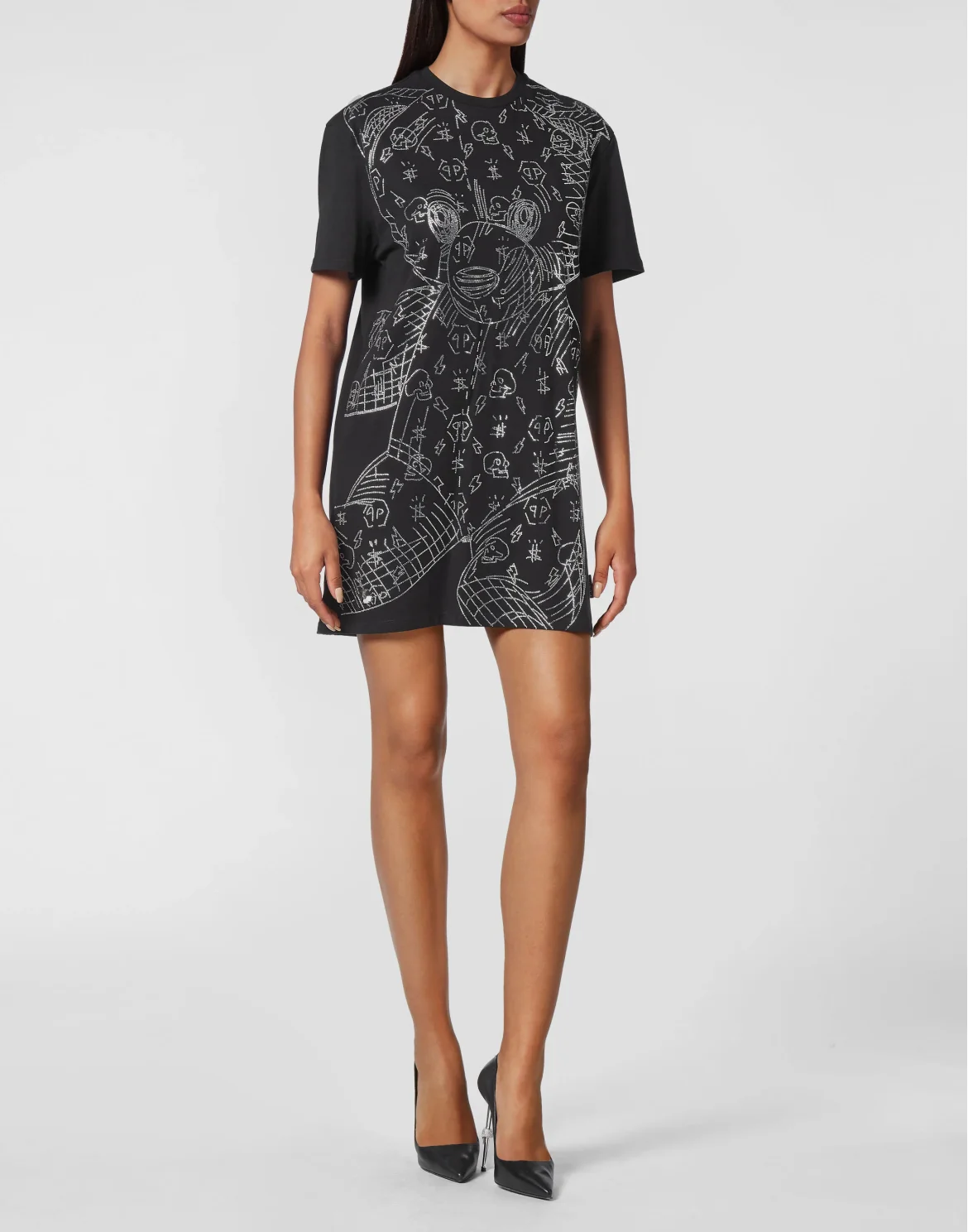 T-shirt Short Dresses Teddy Bear with Crystals, цвет: Черный