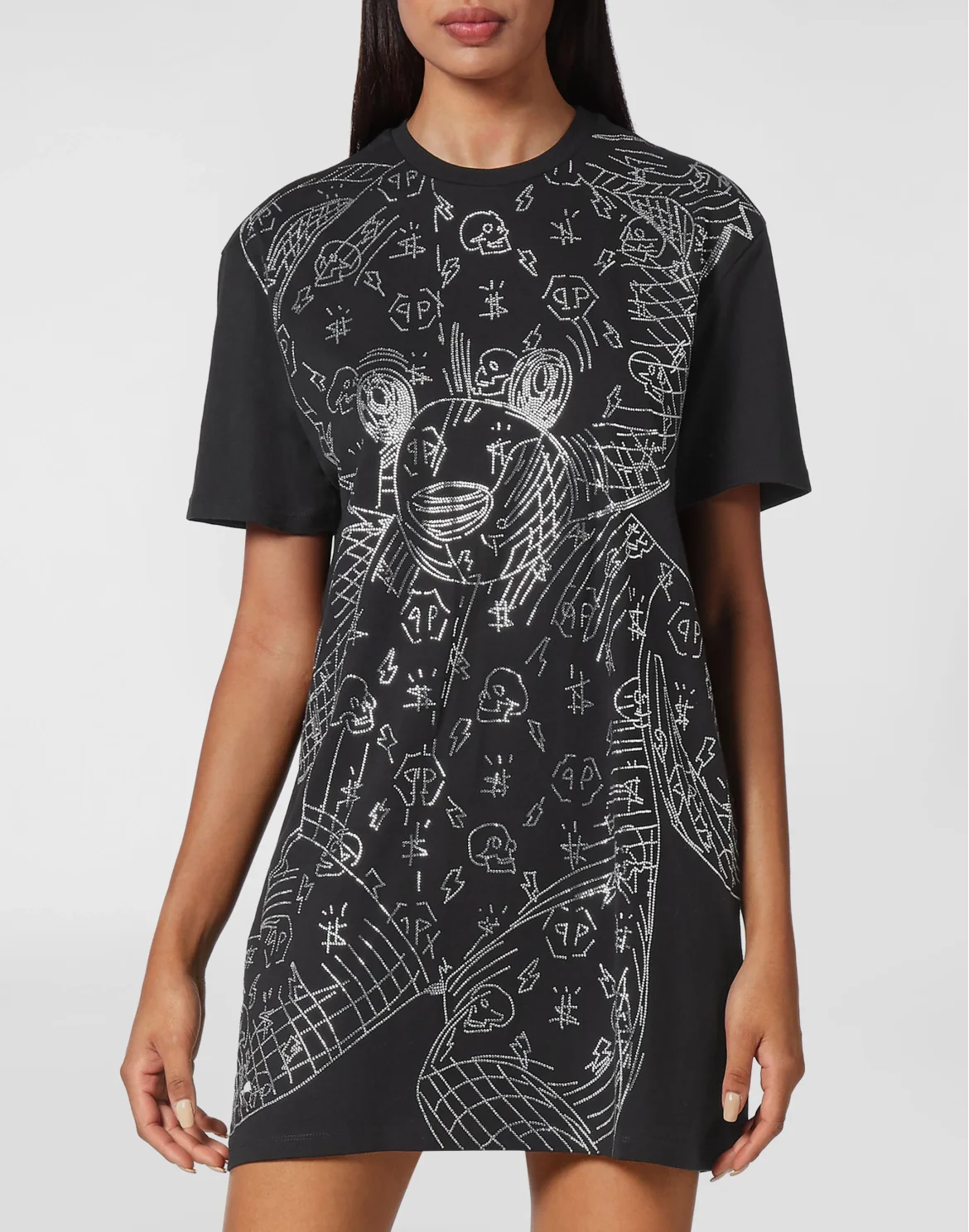 T-shirt Short Dresses Teddy Bear with Crystals, цвет: Черный