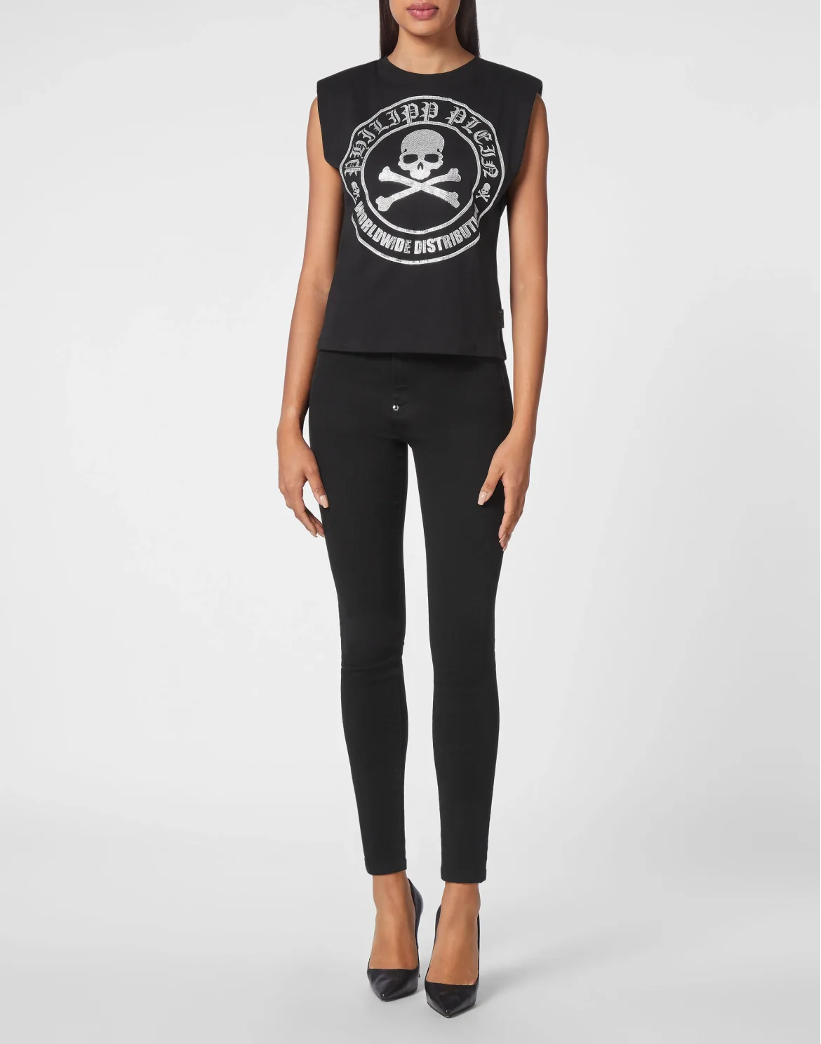 Sleeveless T-shirt Crystal Skull with Crystals, цвет: Черный