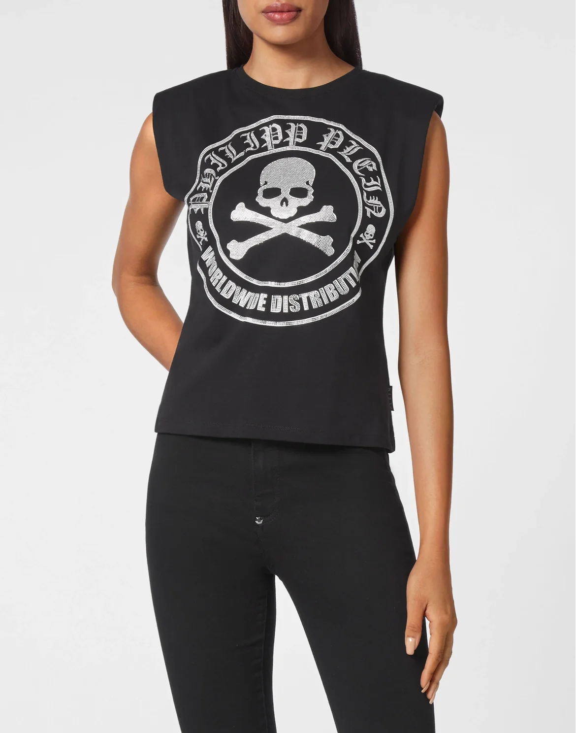 Sleeveless T-shirt Crystal Skull with Crystals, цвет: Черный