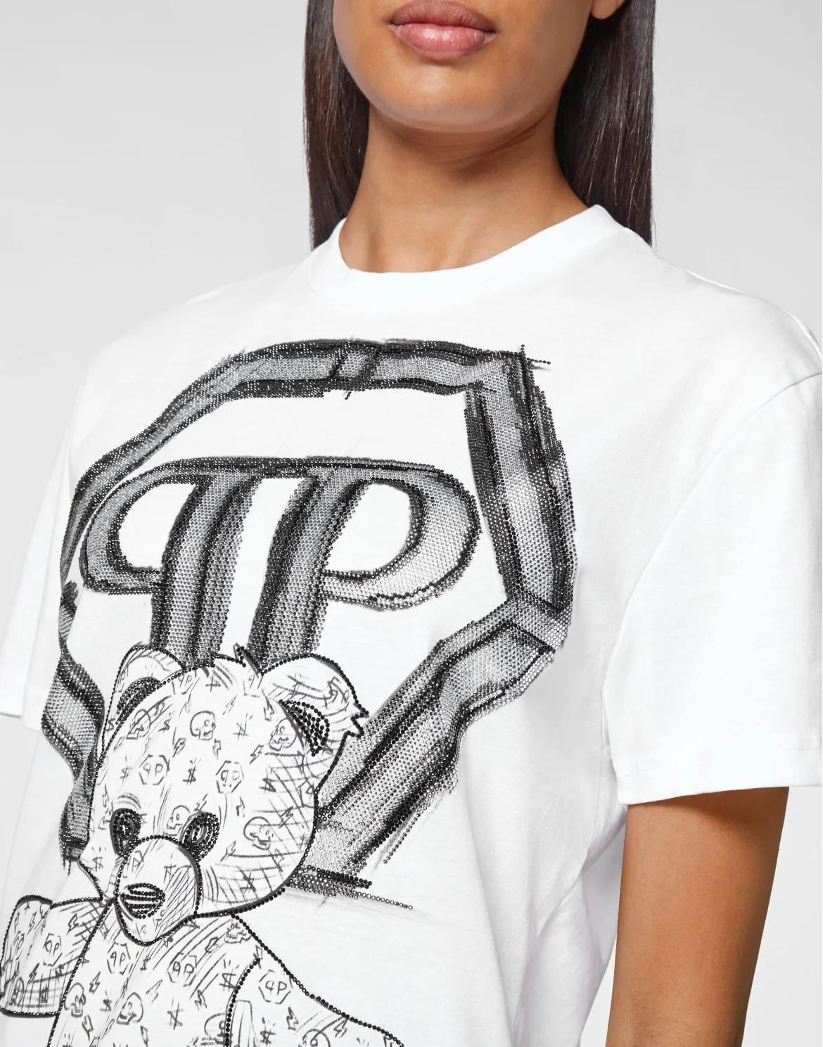 T-shirt Round Neck SS Man Fit Teddy Bear with Crystals, цвет: Белый