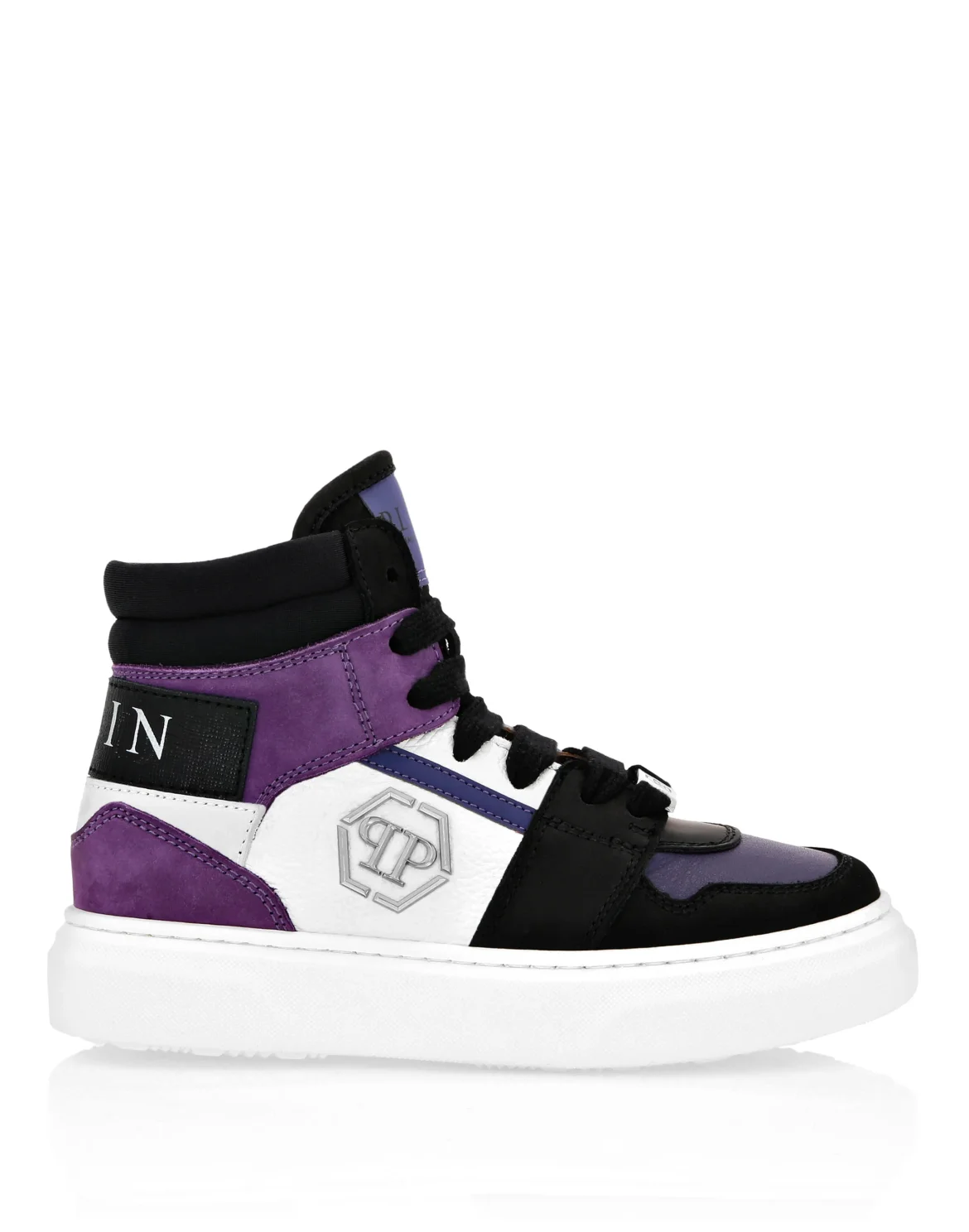 LEATHER HI-TOP SNEAKERS MIX MATERIALS HEXAGON AND PLEIN, цвет: Фиолетовый
