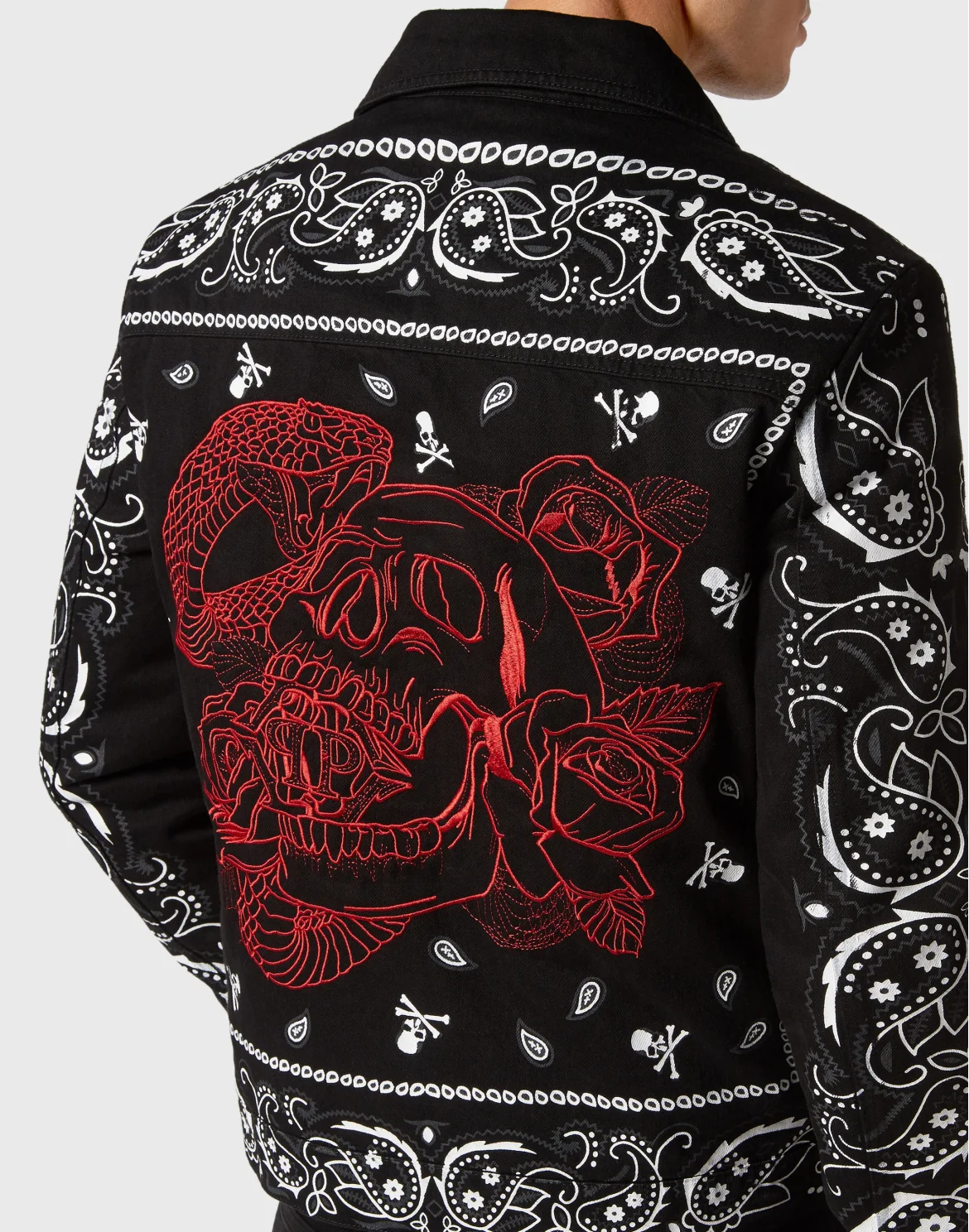 Embroidered Denim Jacket Paisley Bandana, цвет: Черный