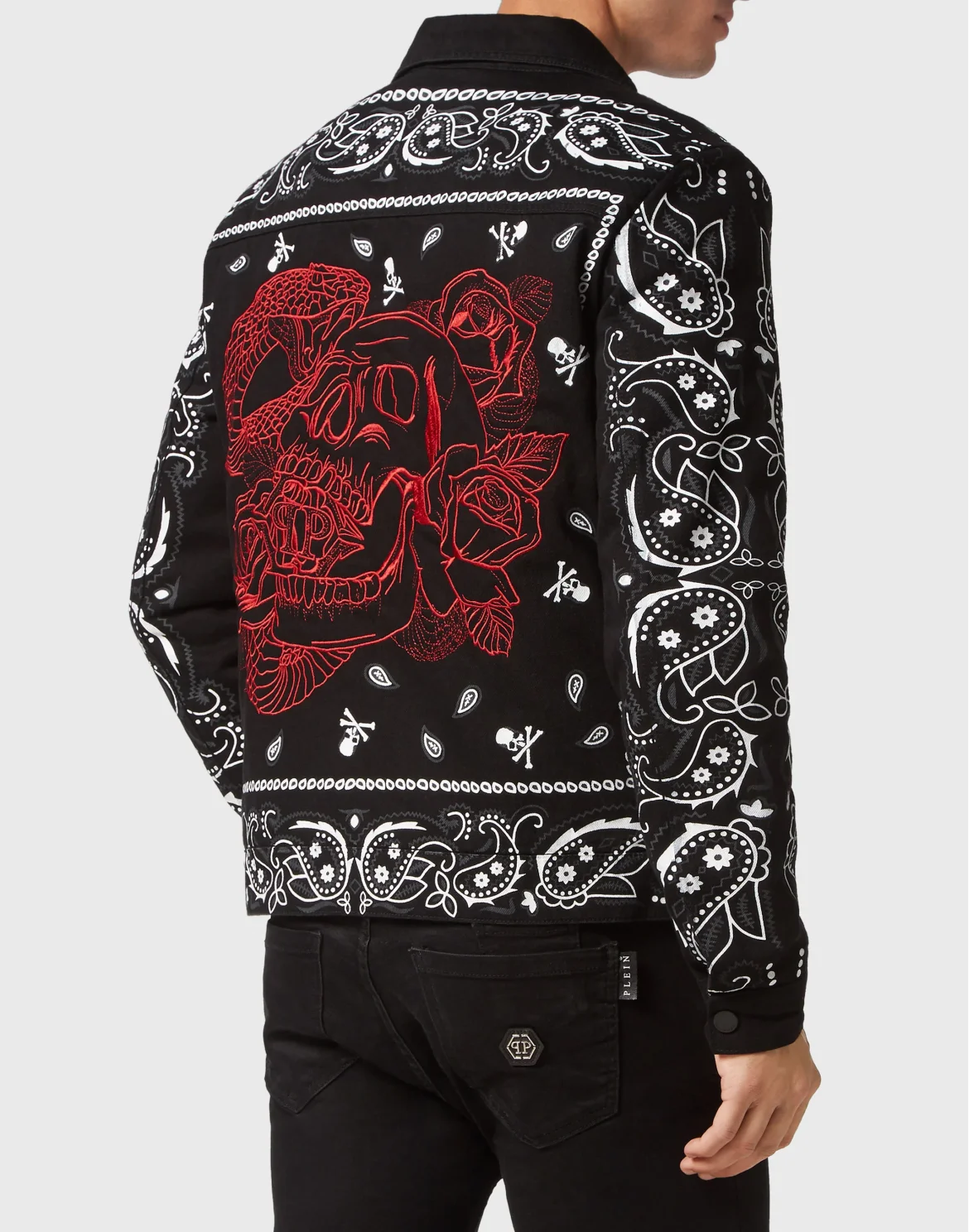 Embroidered Denim Jacket Paisley Bandana, цвет: Черный