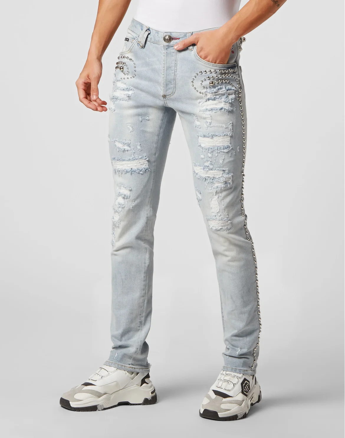 Denim Trousers Super Straight Cut Fit Studs, цвет: Голубой