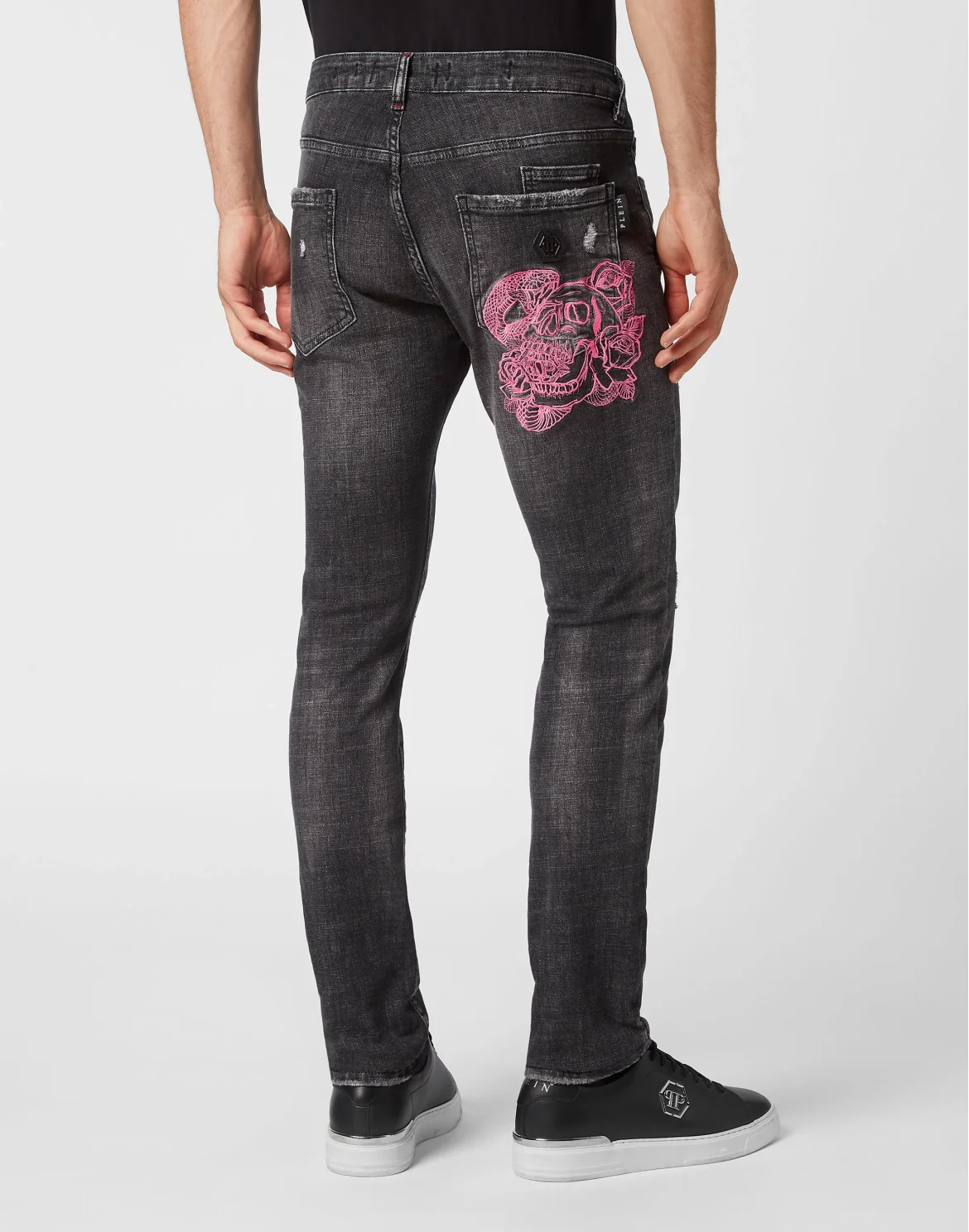 Embroidered Denim Trousers Super Straight Cut Skull, цвет: Черный